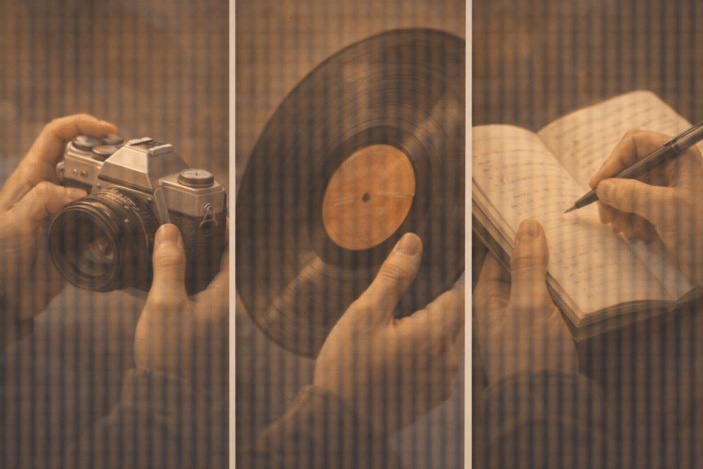 Emotional illustration, hands holding a vintage analog object