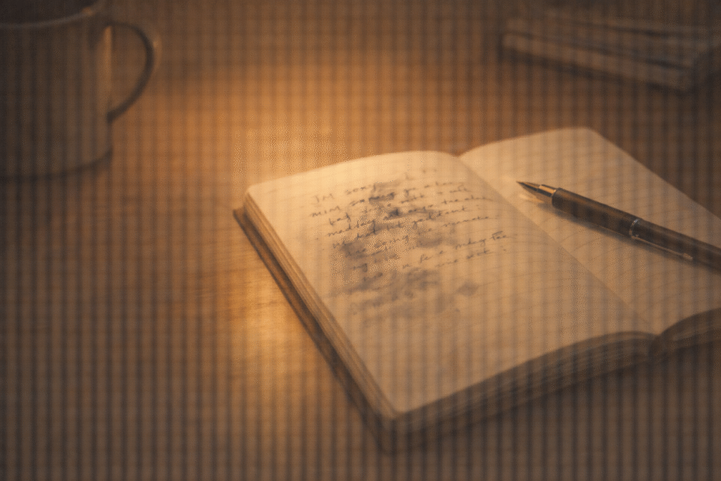 Emotional illustration, handwritten notes under warm light