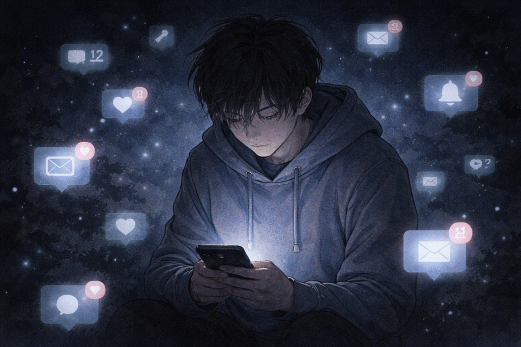 An isolated individual surrounded by digital notifications in a hyperconnected world