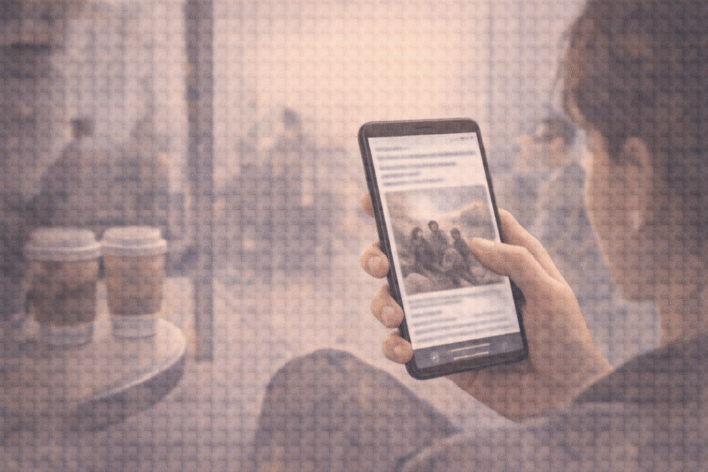 A person scrolling past crisis news on a smartphone