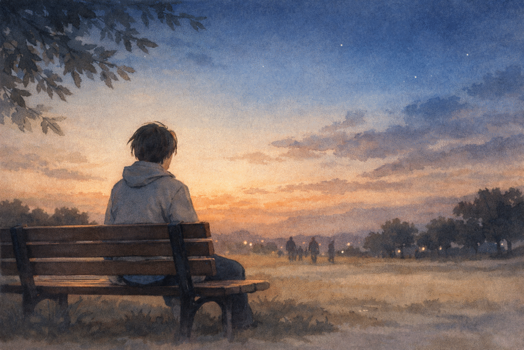 Emotional watercolor illustration, person sitting alone on a park bench