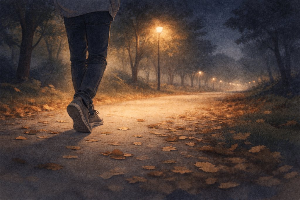 Emotional watercolor illustration, solitary walk under streetlights
