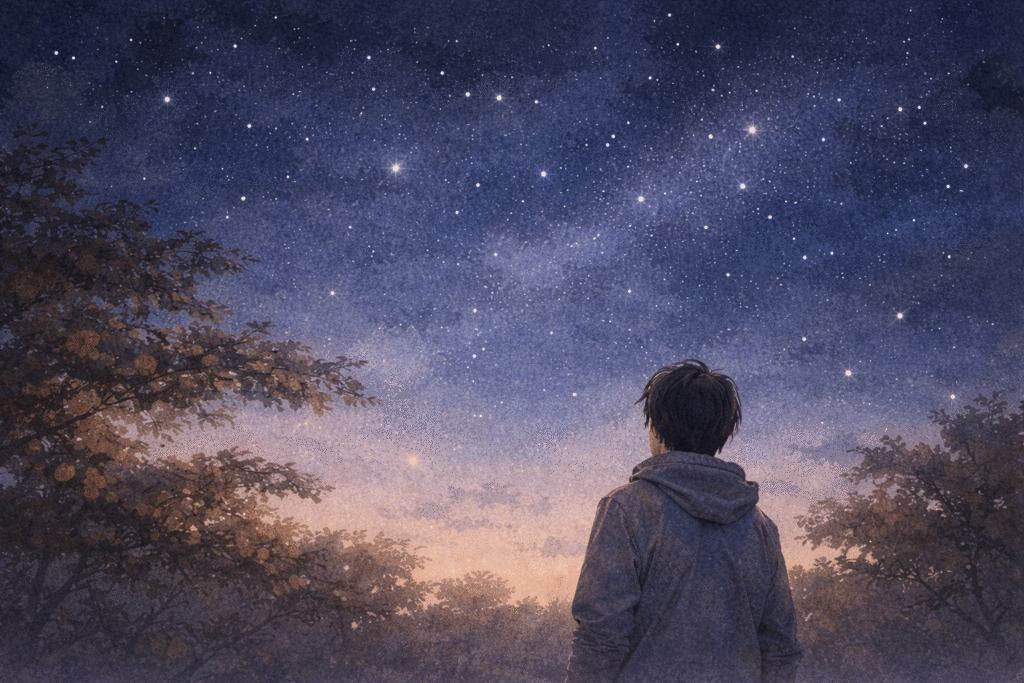 Emotional watercolor illustration, calm night sky with soft starlight
