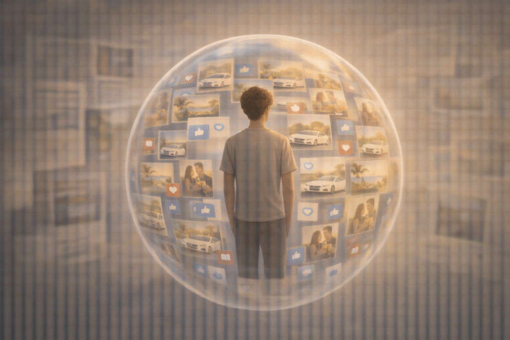 A figure inside a transparent bubble surrounded by repeated information patterns