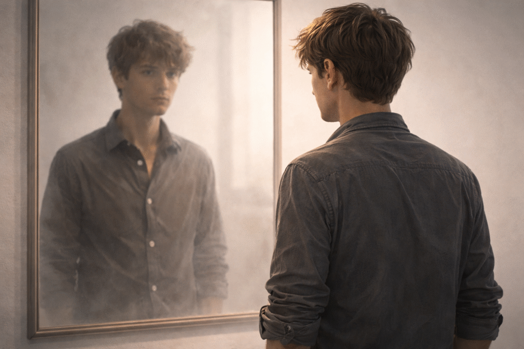 Human figure confronting imperfection through self-awareness