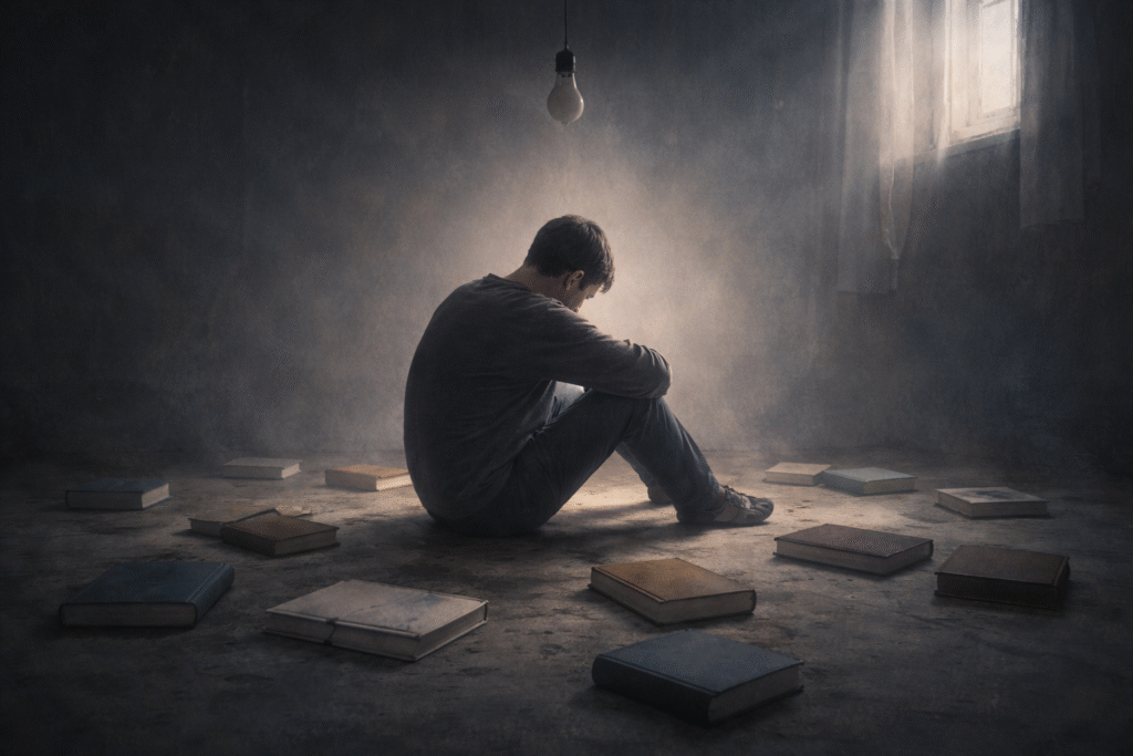 A solitary figure surrounded by unread books