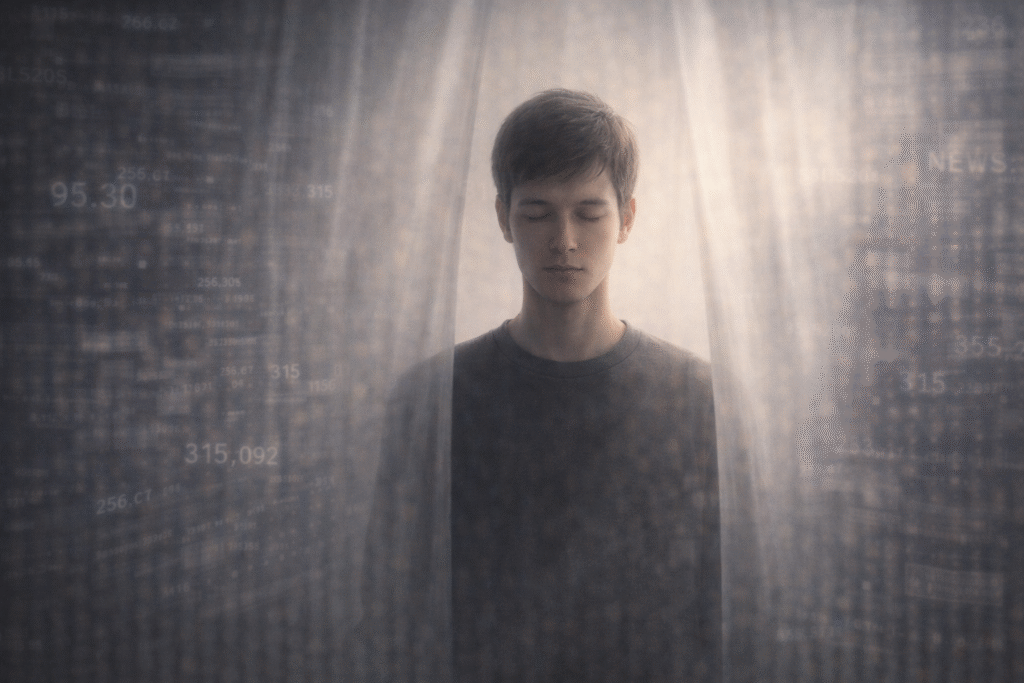 A calm figure protected from surrounding data noise