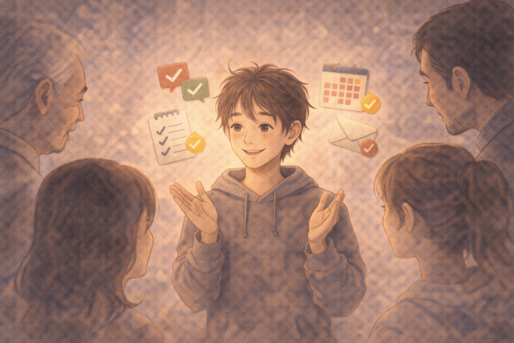 A person smiling while surrounded by social expectations