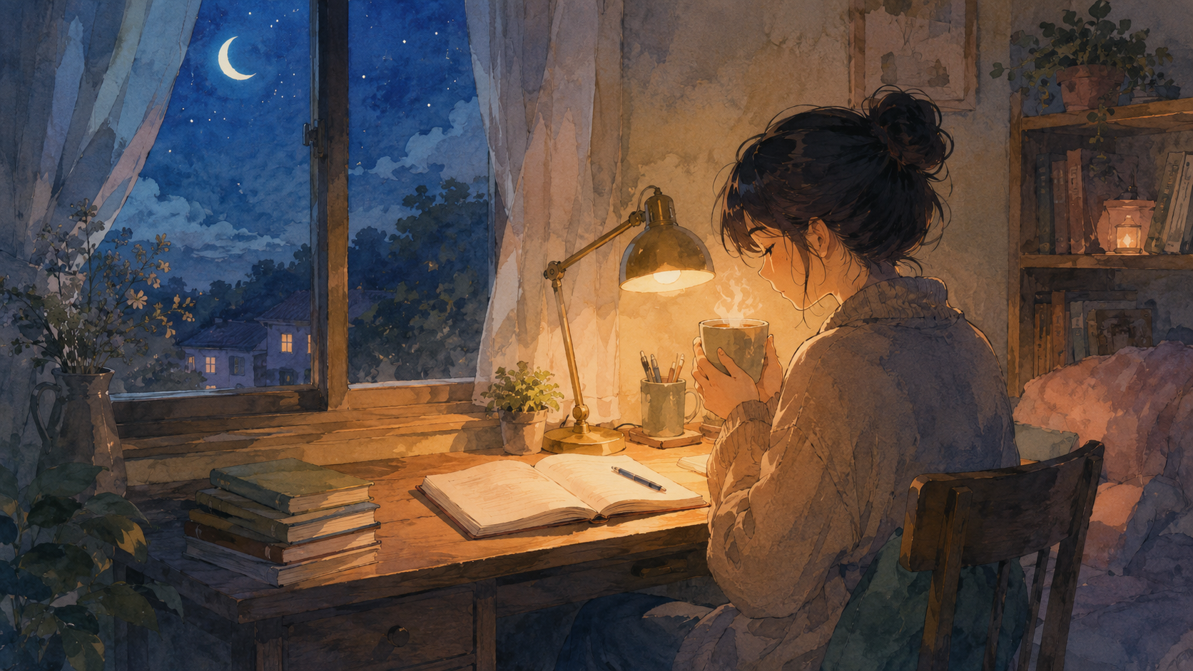person quietly enjoying a peaceful late-night moment under a warm desk lamp