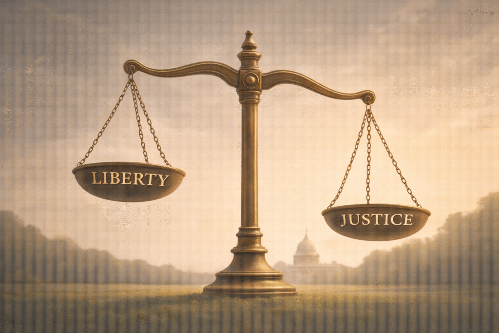 A balance scale between liberty and justice, representing the debate over the minimal state