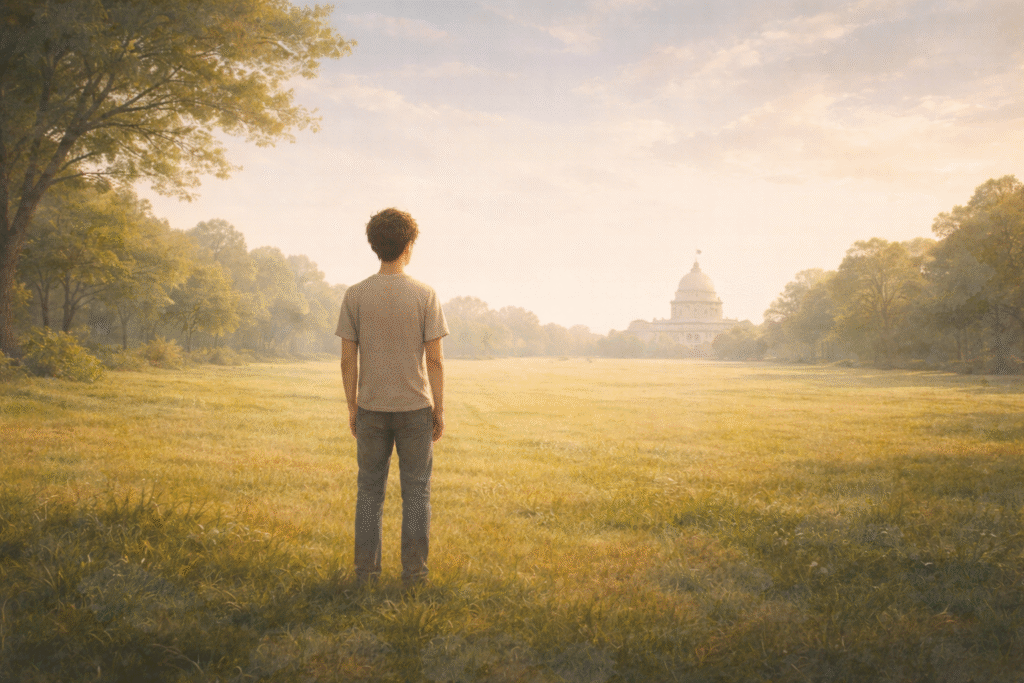 An individual standing freely with a minimal state in the background, symbolizing libertarian political philosophy