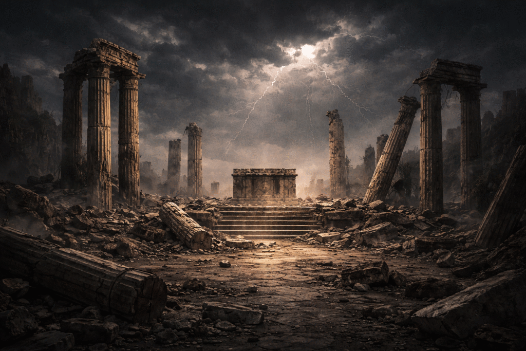 Symbolic illustration of the collapse of absolute values after the death of God