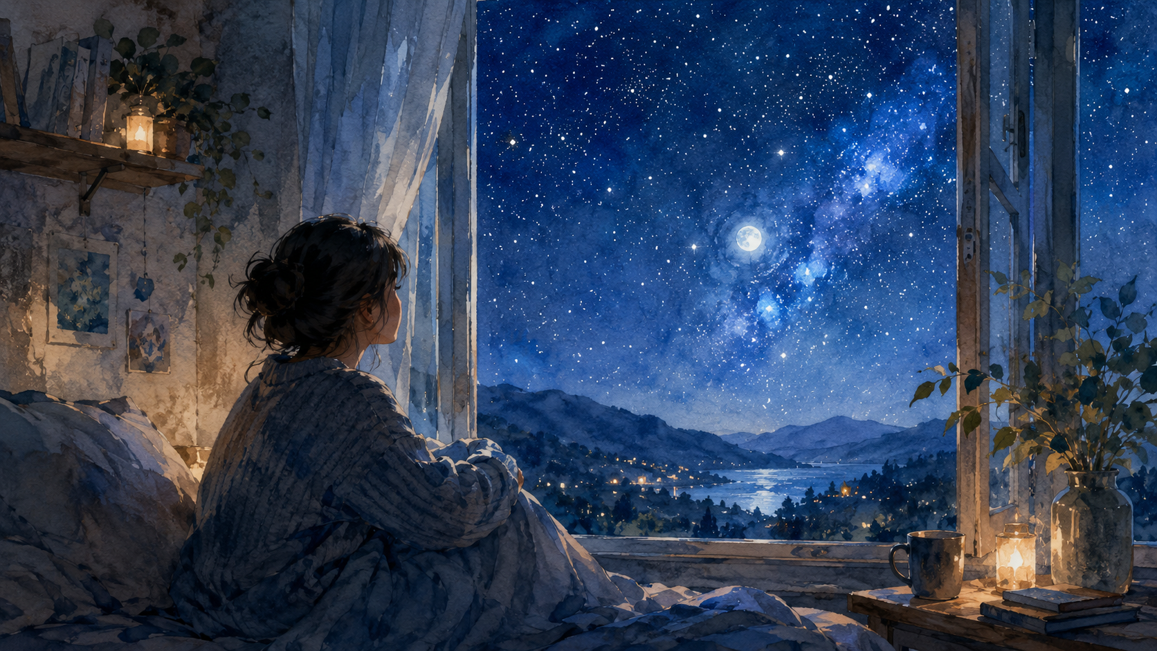 person quietly looking at the night sky and stars through a window