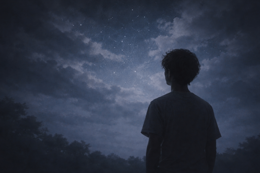 Emotional watercolor illustration, quiet figure looking up at stars