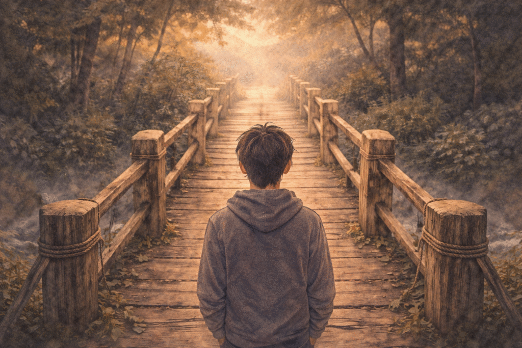 A quiet figure standing at the entrance of an old wooden bridge