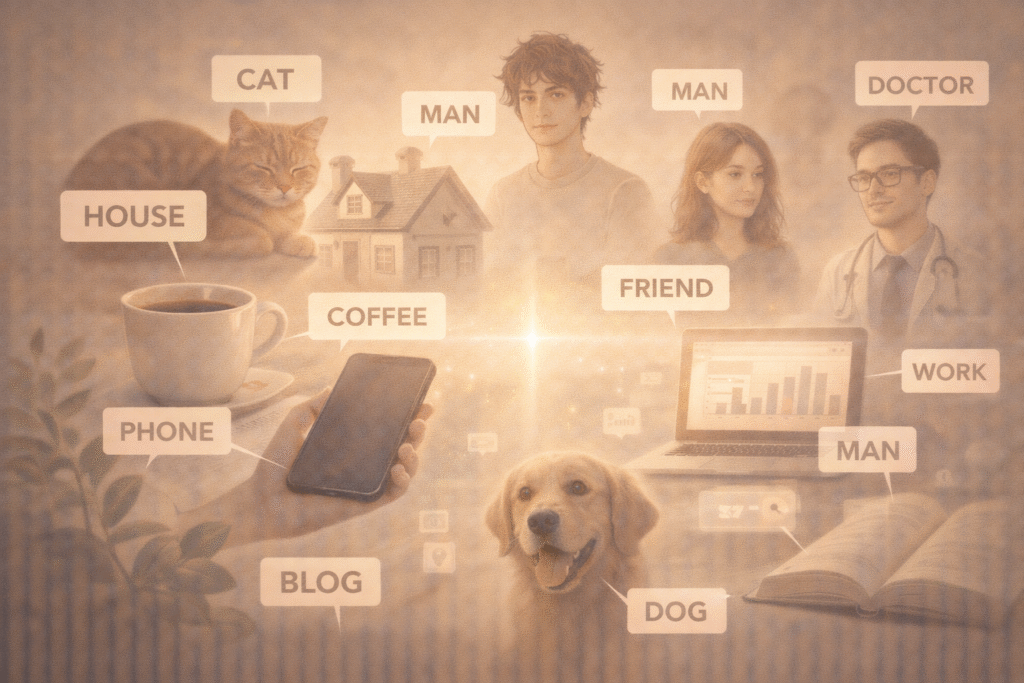 Objects and people labeled with names shaping identity