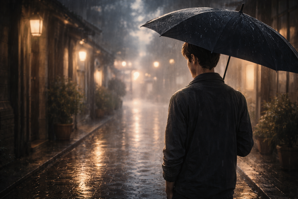 Emotional illustration, person pausing under an umbrella