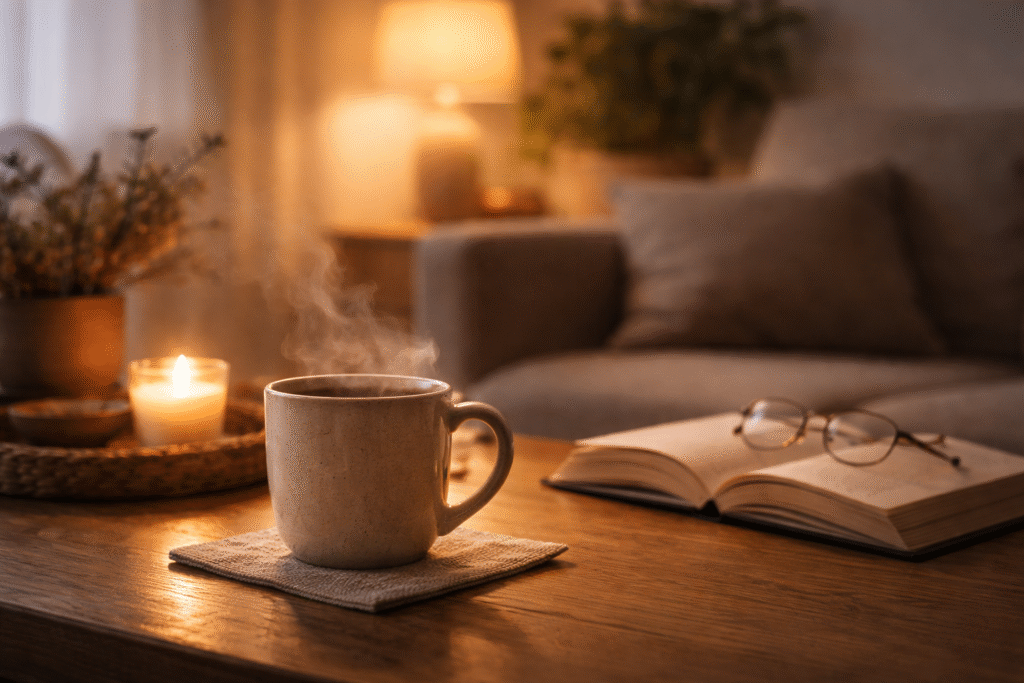 Emotional illustration, warm tea steam in a calm room