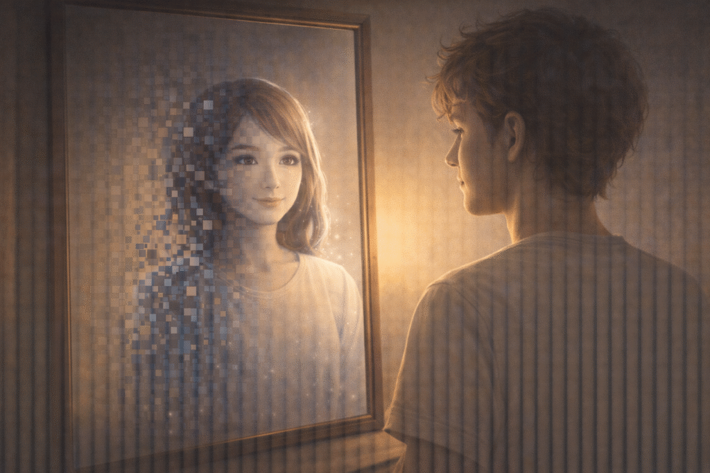 A human reflection blending with a digital avatar, symbolizing artificial relationships