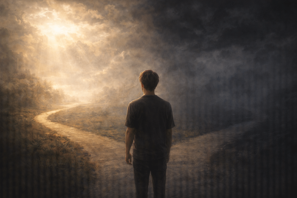 Abstract illustration showing the tension between redemption and nihilism