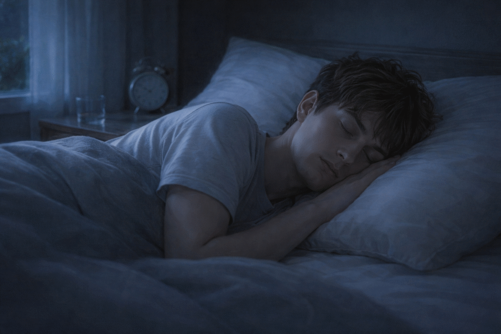 A person resting peacefully at night, symbolizing sleep as a fundamental human right