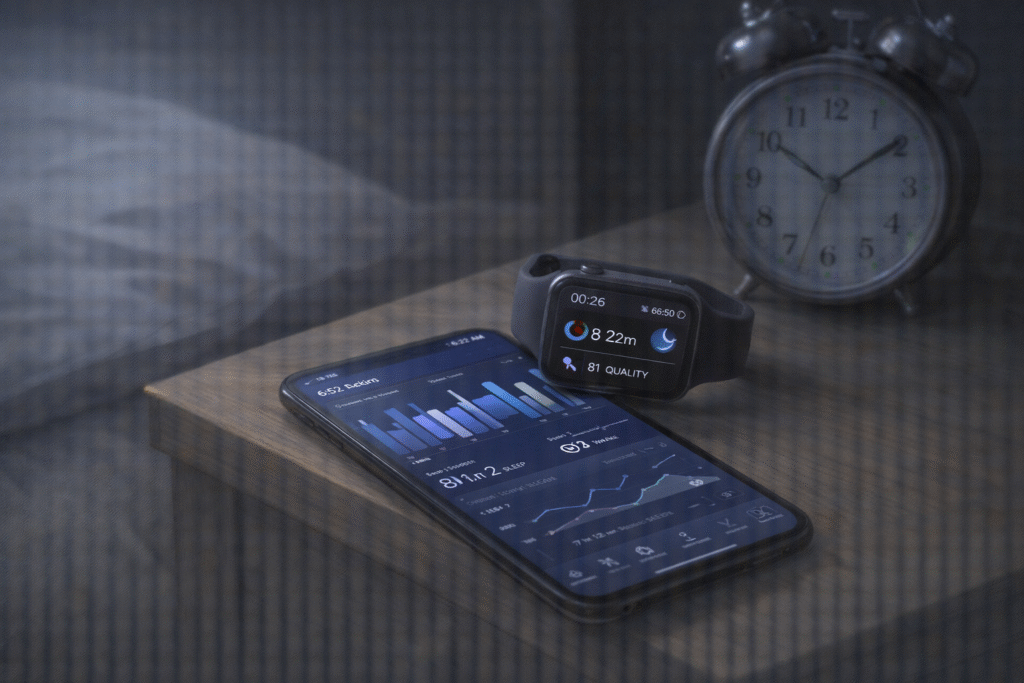 Smart devices measuring sleep, representing productivity-driven sleep management