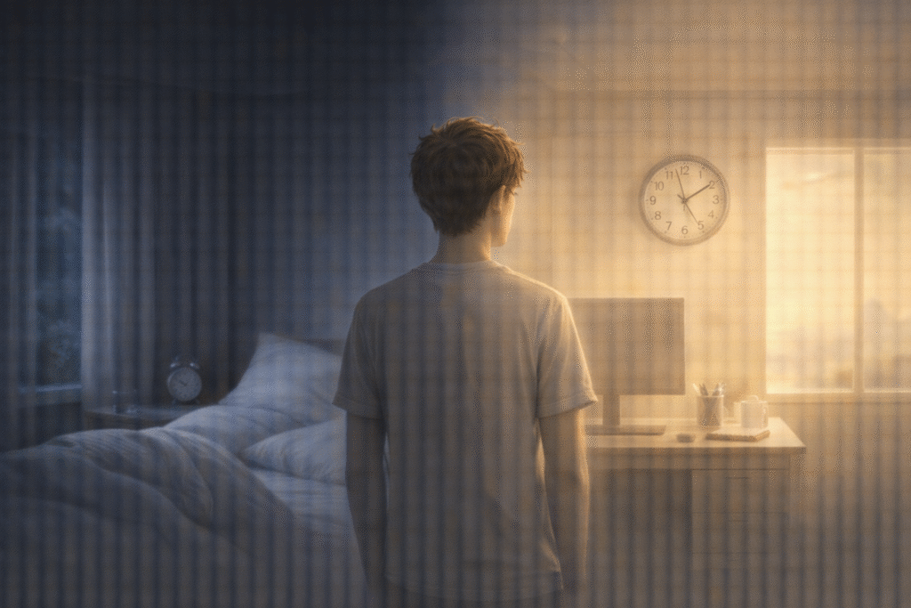 An individual standing between rest and work, symbolizing the ethical debate on sleep