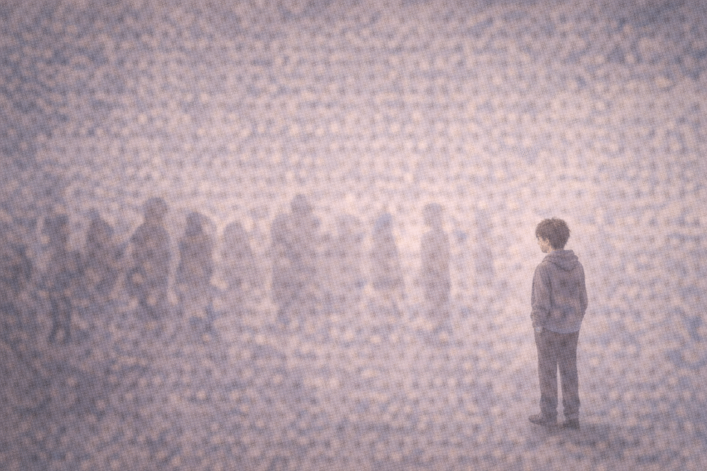 A person isolated from others despite their presence in the same space