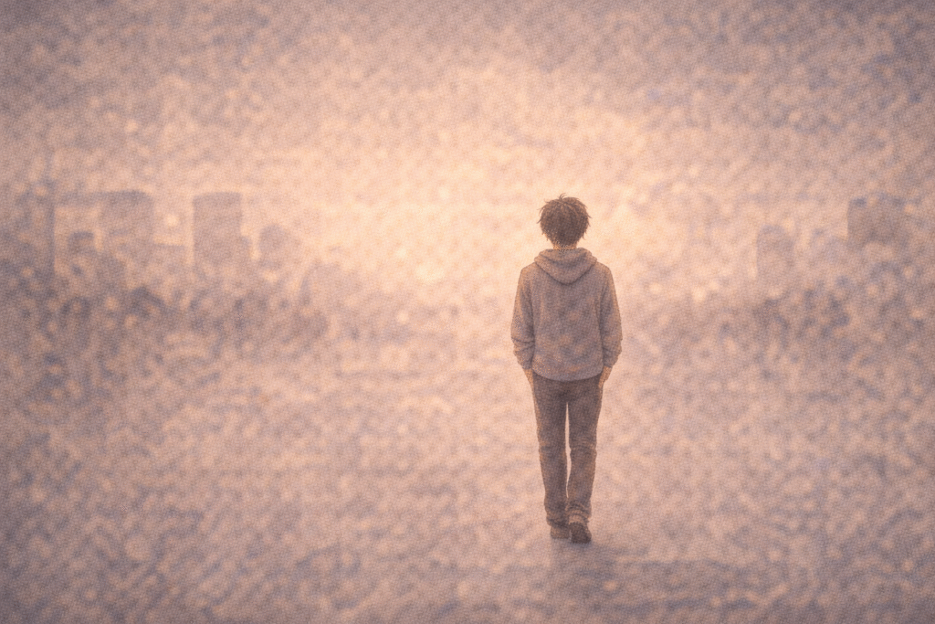 A solitary figure standing calmly in an open, quiet space