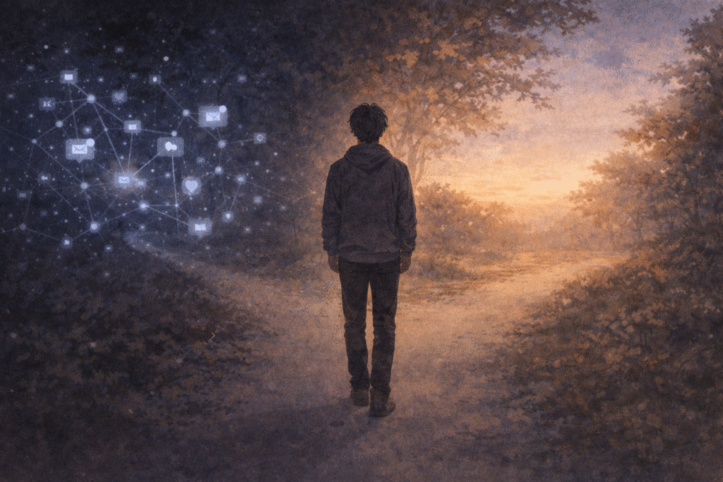 A figure standing between connection and solitude, symbolizing conscious choice