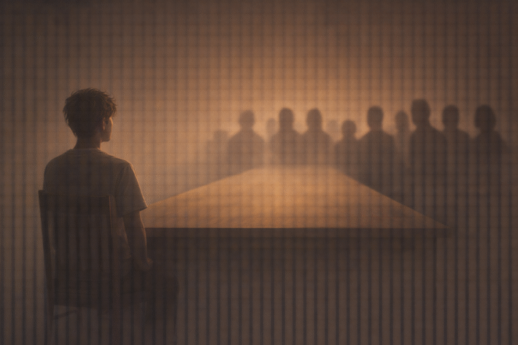 A lone thinker seated at one end of a long table facing distant silhouettes, representing tension between solitude and elitism