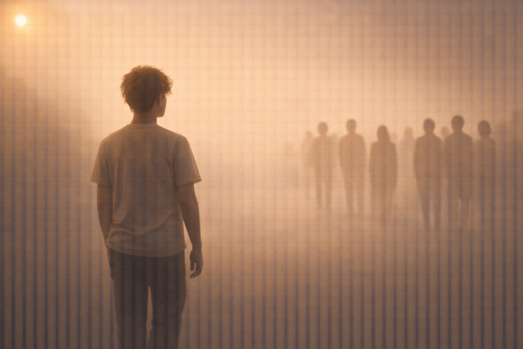 A figure walking back toward others in an open space, symbolizing solitude as preparation for social responsibility