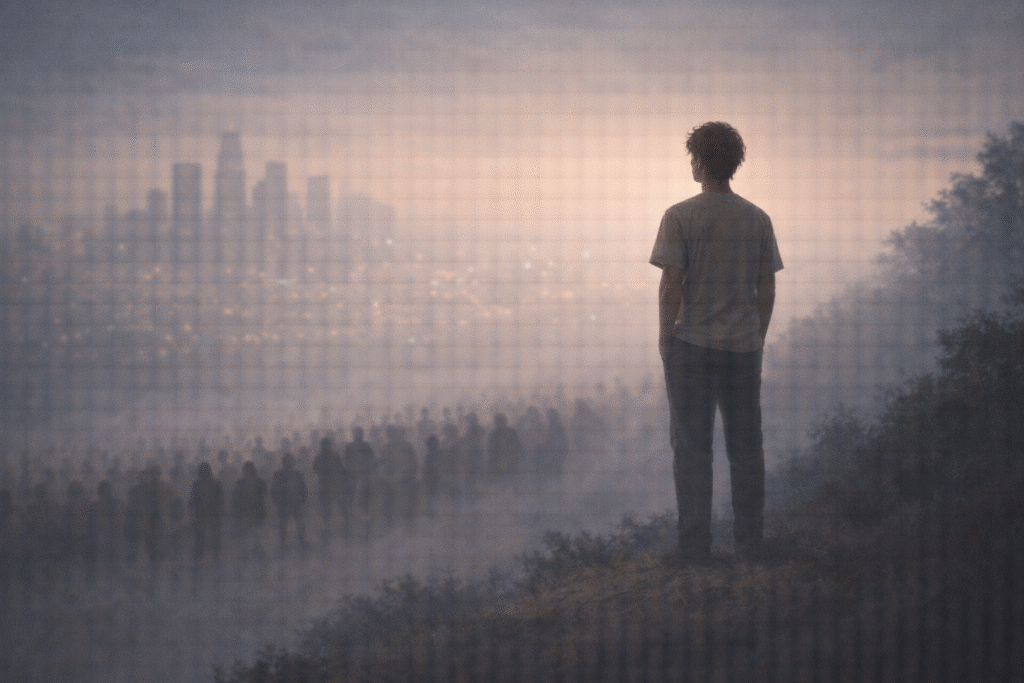 A solitary figure standing apart from a distant crowd, symbolizing chosen intellectual solitude