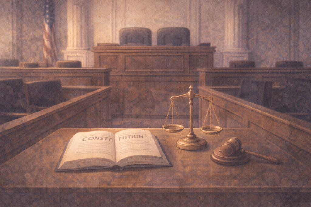 A symbolic courtroom representing the state as a protector of individual freedom