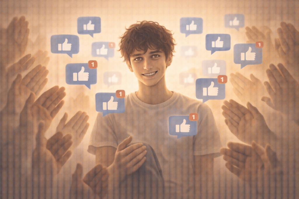 Person surrounded by social approval symbols showing fragile ego