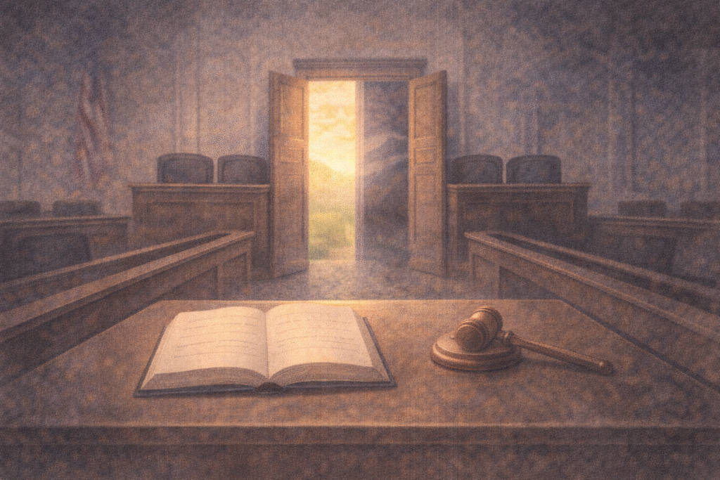 An empty courtroom verdict symbolizing unresolved tension between freedom and control