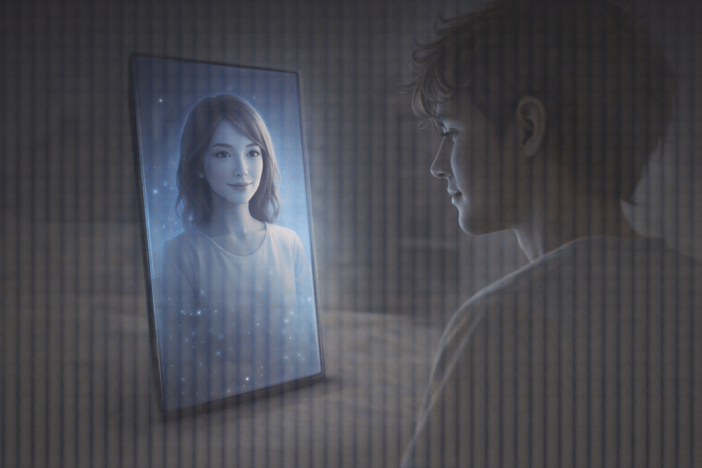 A person quietly interacting with a virtual AI avatar on a screen