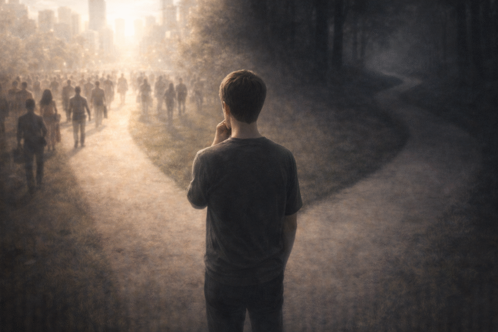 A figure pausing at a crossroads of knowledge