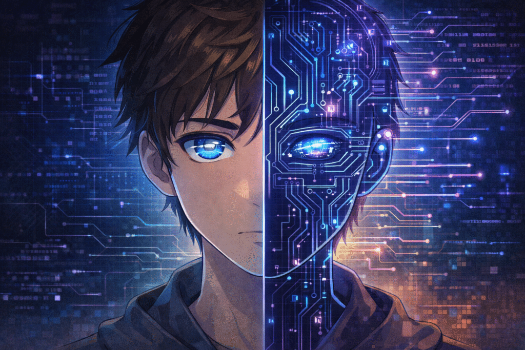 Half human half AI face symbolizing artificial decision making