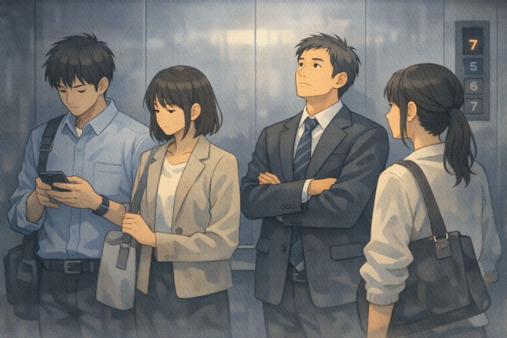 Awkward silence among strangers in an elevator
