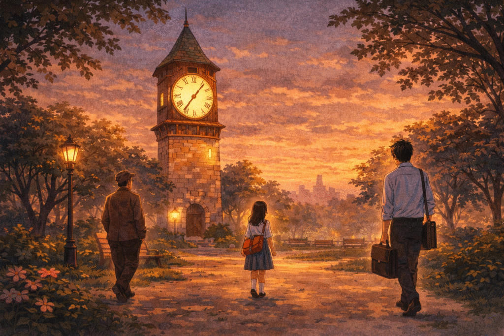 Park clock tower glowing at dusk as people walk away