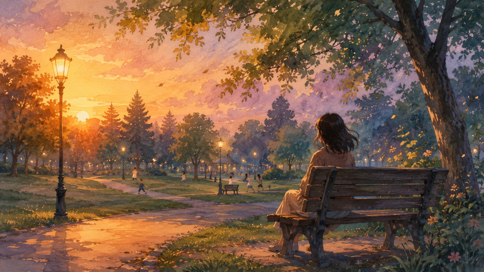 person peacefully sitting alone on a park bench at sunset