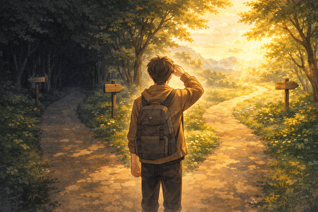 Person standing at a crossroads representing human free will