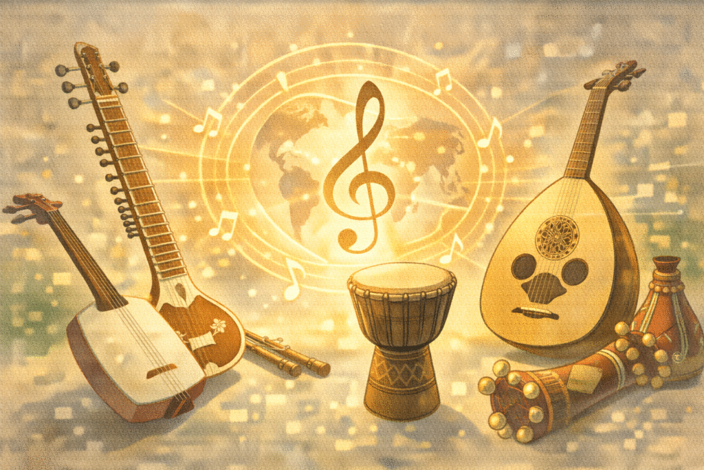 Traditional instruments symbolizing global cultural diversity in music