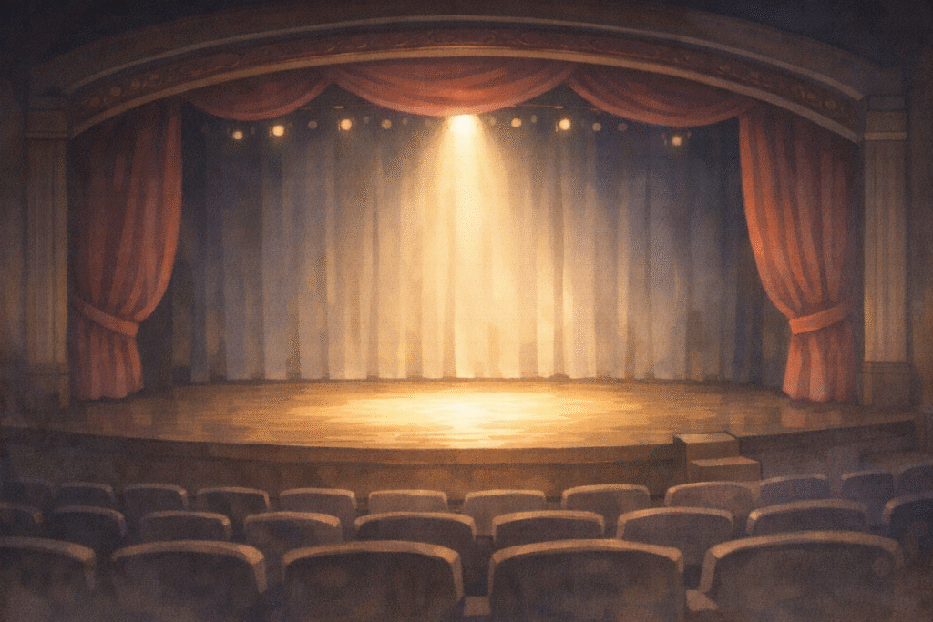 An empty stage illuminated as a metaphor for historical interpretation