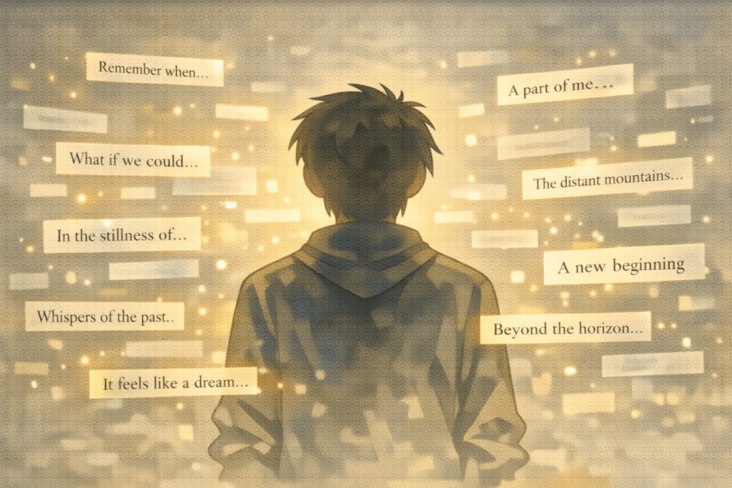 Human figure surrounded by floating fragments of language Insertion Position