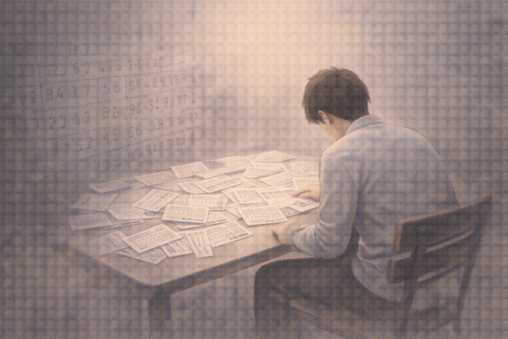 A person surrounded by losing lottery tickets
