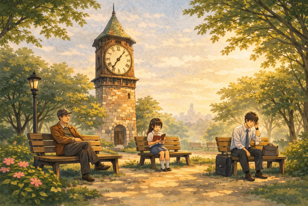 Different people sitting quietly beneath a park clock tower
