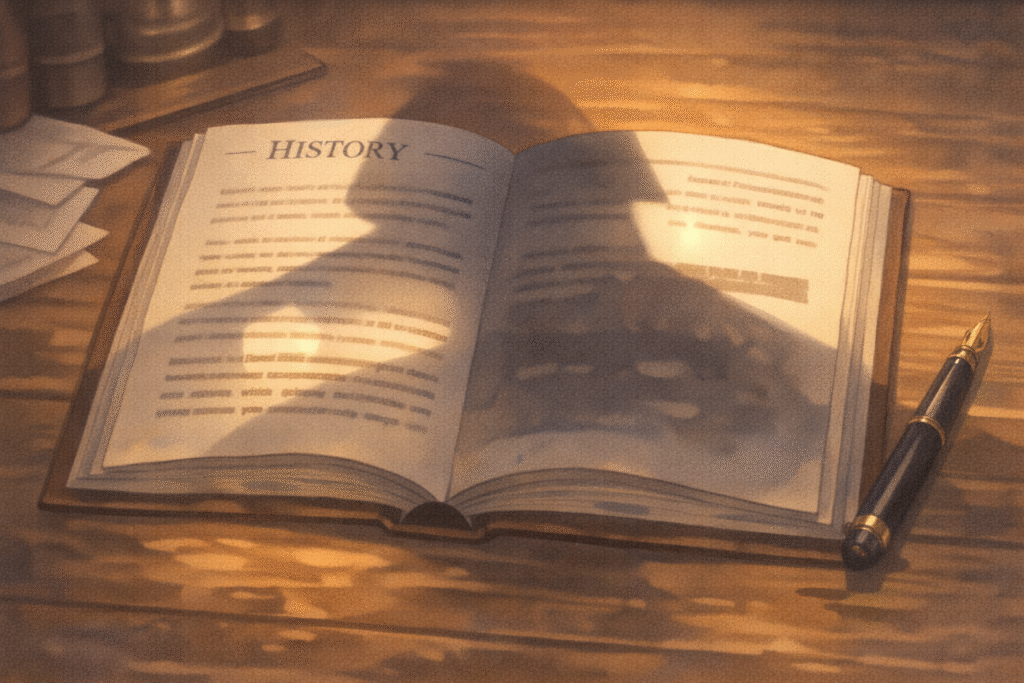A shadow over a history book symbolizing power shaping narratives