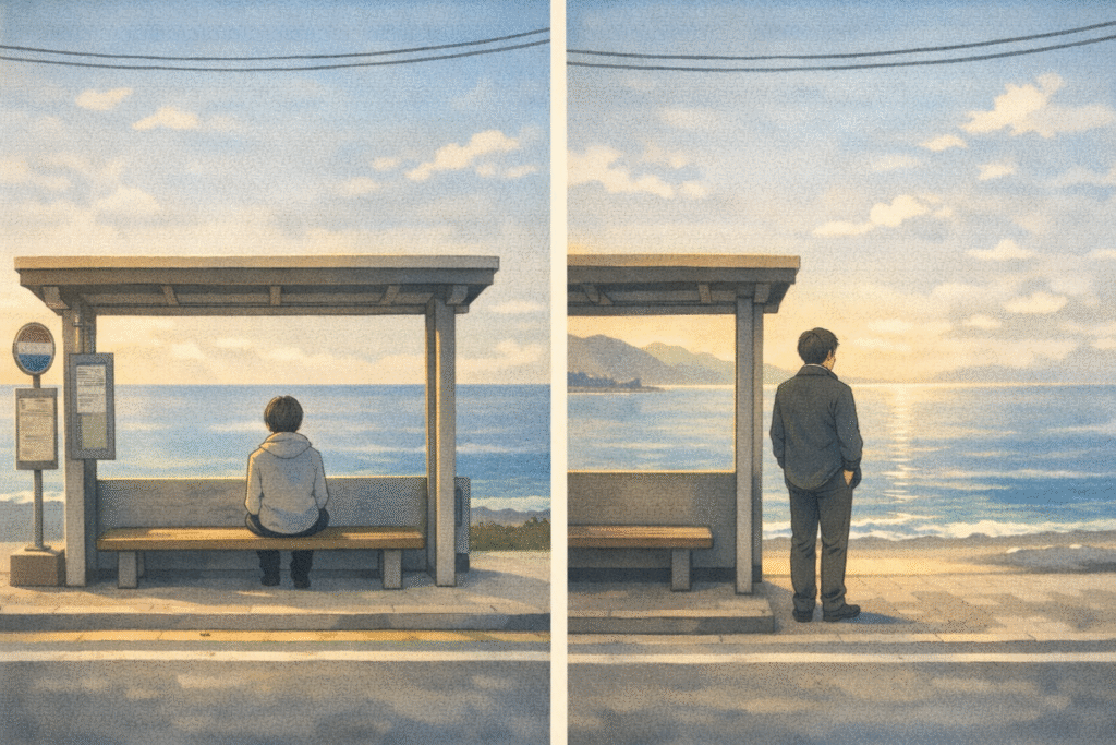Quiet seaside bus stop with a person waiting by the sea